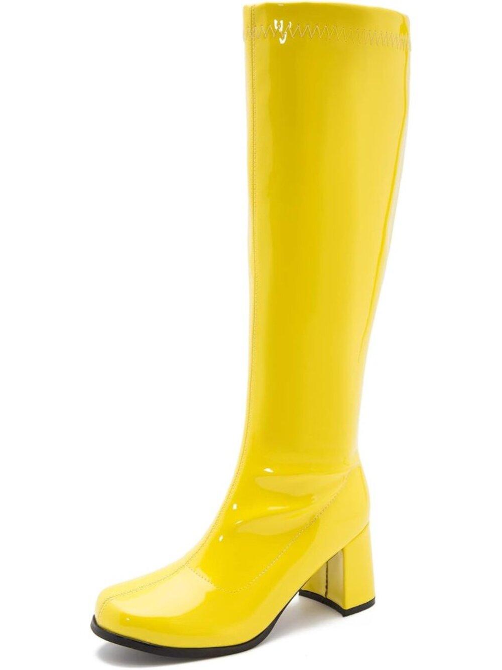 🆕Women's Yellow Knee High Gogo Boots Square Toe Retro Disco Block Heel Boots